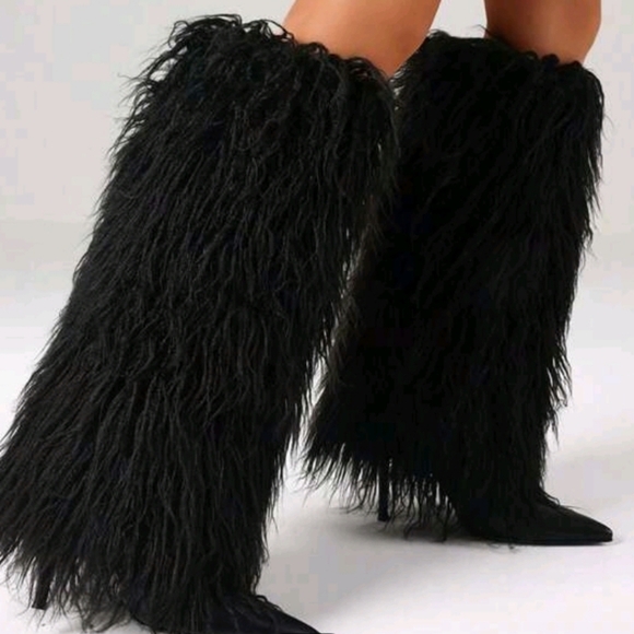 NWOT- SHUZIA SZ6 Winter Black Fur Knee-High Stiletto Boots - Picture 4 of 4